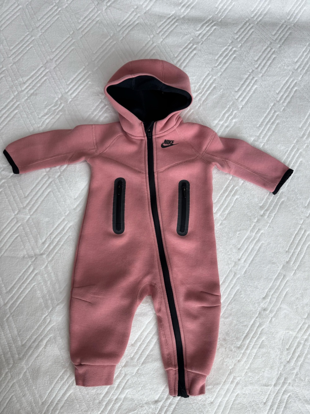 Nike Pink Hooded Baby One-Piece with Black Trim